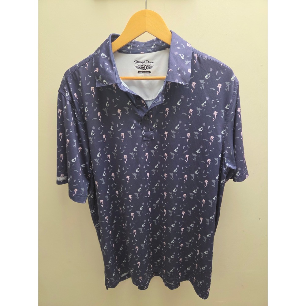 Straight Down Performance Mens Navy Blue Mermaid Print Golf Polo Shirt Large